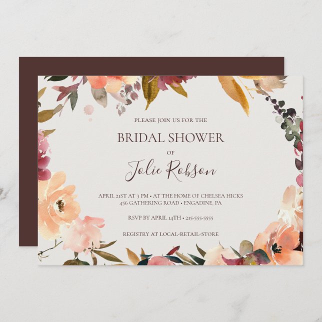 Invitación Burgundy Floral | Ducha de novia horizontal Beige (Anverso / Reverso)