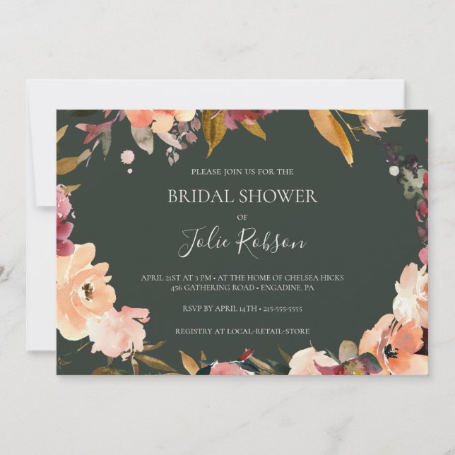 Invitación Burgundy Floral | Ducha verde horizontal de novia (Anverso)