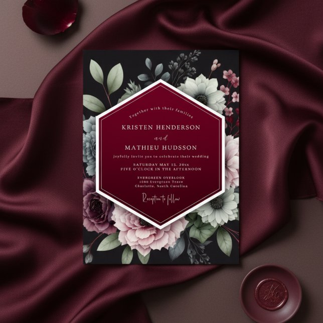 Invitación Burgundy Floral Dusk Wedding (Subido por el creador)