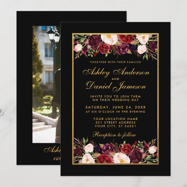 Invitación Burgundy Floral Elegant Black Gold Photo Boda (Anverso / Reverso)