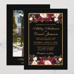 Invitación Burgundy Floral Elegant Black Gold Photo Boda