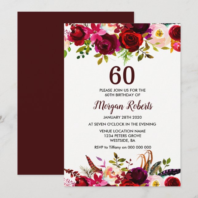 Invitación Burgundy Floral Elegante 60 cumpleaños invitado a  (Anverso / Reverso)