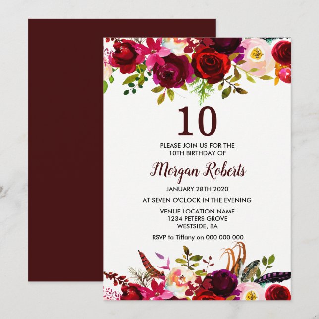 Invitación Burgundy Floral Elegante invitada por la décima fi (Anverso / Reverso)