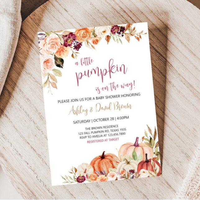 Invitación Burgundy Floral Fall Pumpkin Baby Shower (Burgundy Fall Baby Shower Invitation)