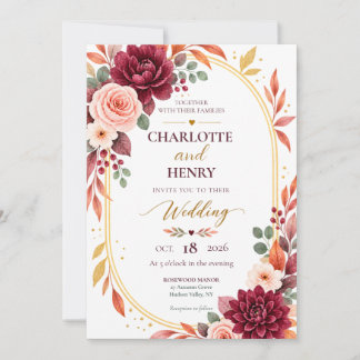 Invitación Burgundy Floral Fall Wedding Invitation