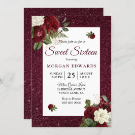 Invitación Burgundy Floral Faux Metallic Sweet 16 Invite