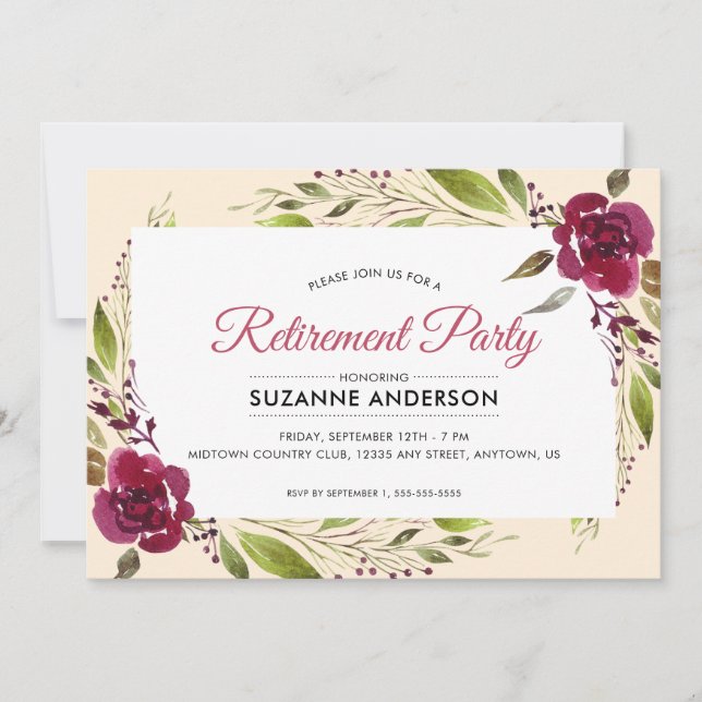 Invitación Burgundy Floral | Fiesta de Jubilación (Anverso)