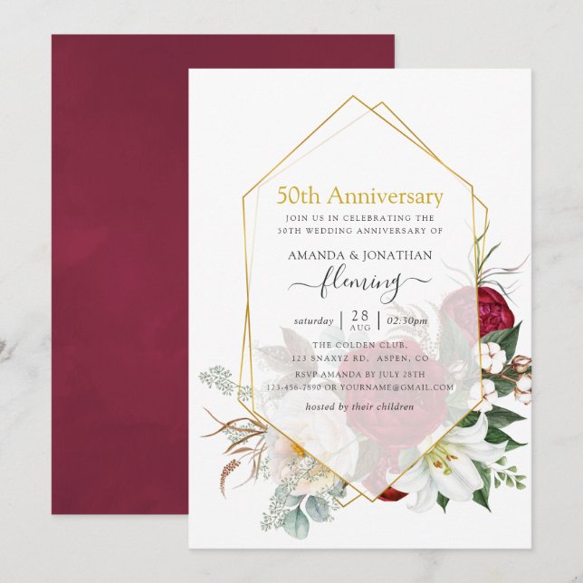 Invitación Burgundy Floral Geométrica 50º Aniversario Boda (Anverso / Reverso)