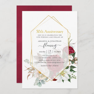 Invitación Burgundy Floral Geométrica 50º Aniversario Boda