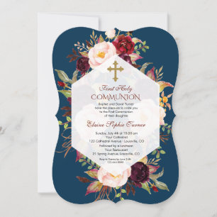 Invitación Burgundy Floral Geométrica Marina Azul Santa Comun