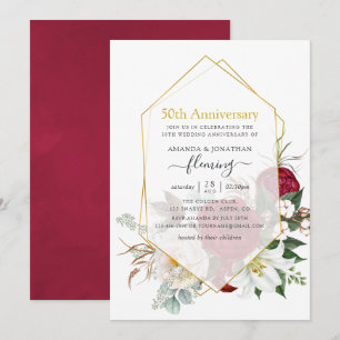 Invitación Burgundy Floral Geométrico 50 Aniversario de Boda