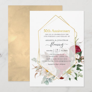 Invitación Burgundy Floral Geométrico 50 Aniversario de Boda