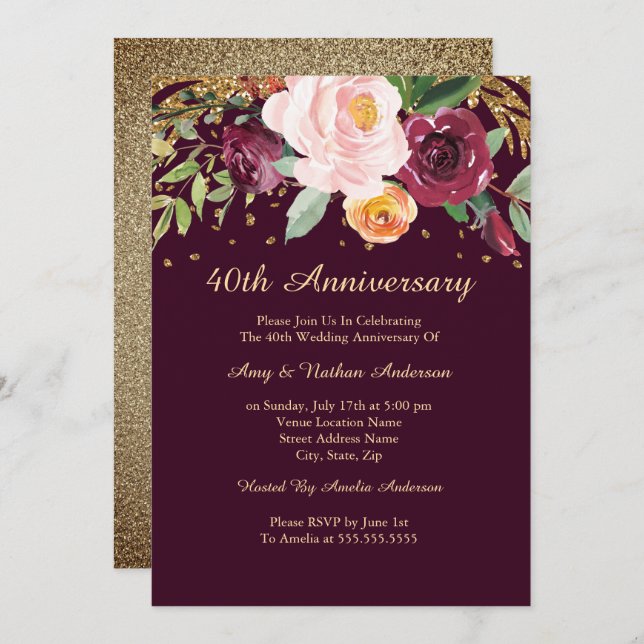 Invitación Burgundy Floral Glitter 40º Aniversario de Boda (Anverso / Reverso)