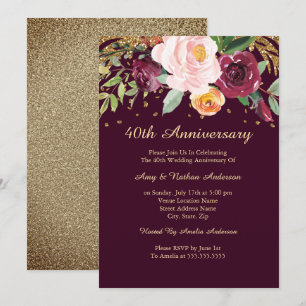 Invitación Burgundy Floral Glitter 40º Aniversario de Boda