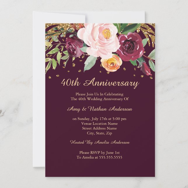 Invitación Burgundy Floral Glitter 40º Aniversario de Boda (Anverso)