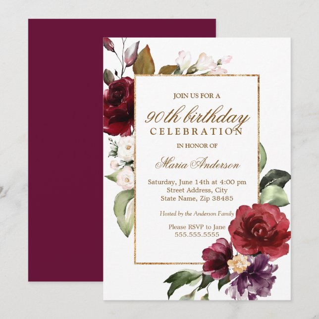 Invitación Burgundy Floral Gold 90 cumpleaños (Anverso / Reverso)