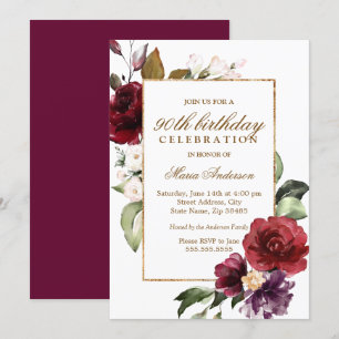 Invitación Burgundy Floral Gold 90 cumpleaños
