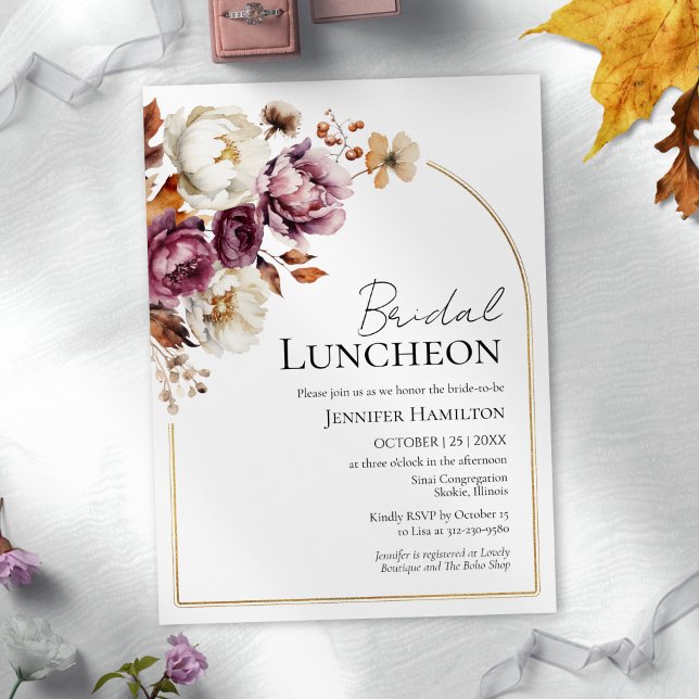 Invitación Burgundy Floral Gold Arch Fall Bridal Luncheon (Subido por el creador)