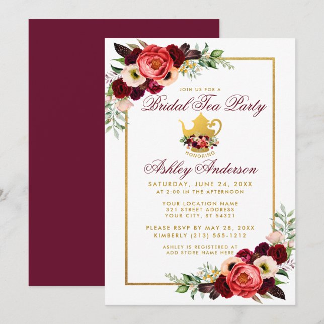 Invitación Burgundy Floral Gold Boho Bridal Shower Tea Fiesta (Anverso / Reverso)