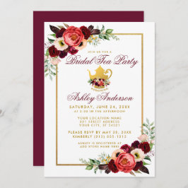 Invitación Burgundy Floral Gold Boho Bridal Shower Tea Fiesta