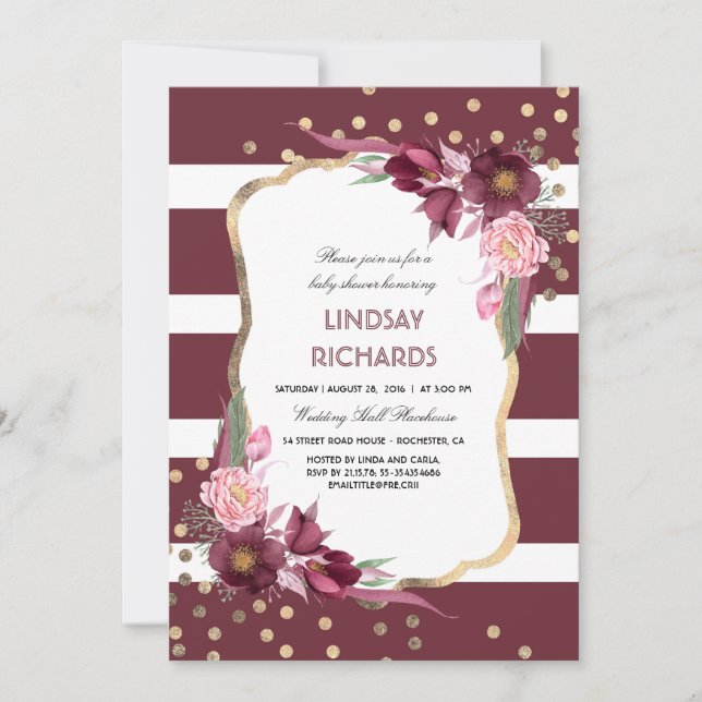 Invitación Burgundy Floral Gold Confetti Moda Baby Shower (Anverso)