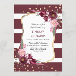 Invitación Burgundy Floral Gold Confetti Moda Baby Shower