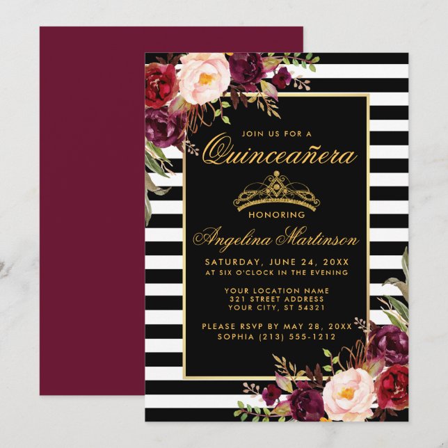 Invitación Burgundy Floral Gold Crown Stripes Quinceanera (Anverso / Reverso)