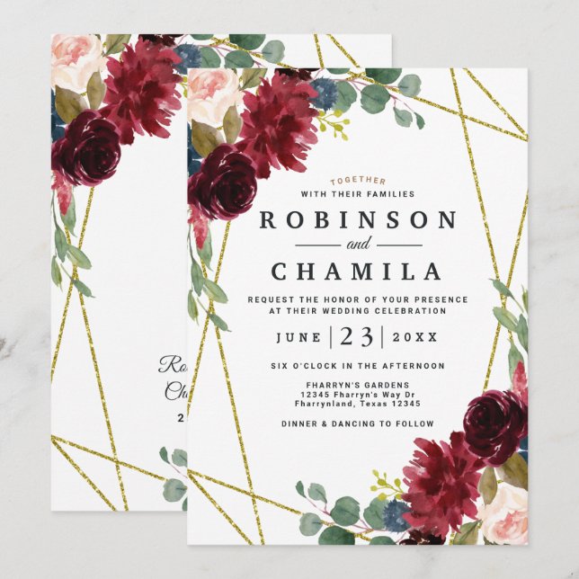 Invitación Burgundy Floral Gold Geométrico Greenerenery Boda (Anverso / Reverso)