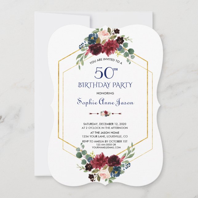 Invitación Burgundy Floral Gold Hexagon Frame 50 cumpleaños (Anverso)