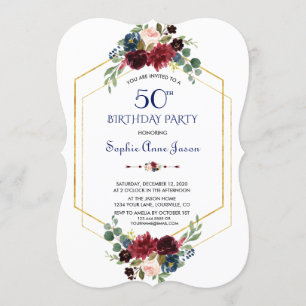 Invitación Burgundy Floral Gold Hexagon Frame 50 cumpleaños
