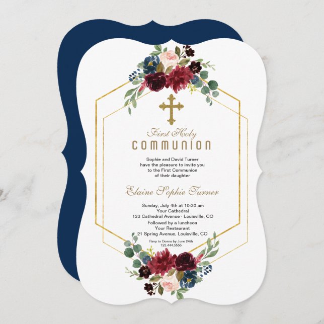 Invitación Burgundy Floral Gold Hexagon Frame Holy Communició (Anverso / Reverso)
