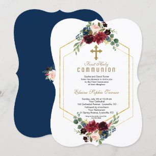 Invitación Burgundy Floral Gold Hexagon Frame Holy Communició