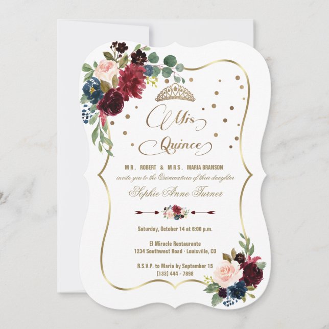 Invitación Burgundy Floral Gold Mis Quince Script Quinceañera (Anverso)
