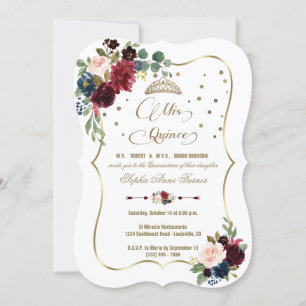 Invitación Burgundy Floral Gold Mis Quince Script Quinceañera
