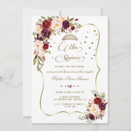 Invitación Burgundy Floral Gold Mis Quince Script Quinceañera