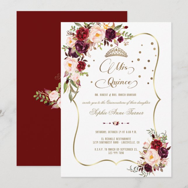 Invitación Burgundy Floral Gold Mis Quince Script Quinceañera (Anverso / Reverso)