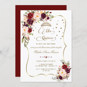 Invitación Burgundy Floral Gold Mis Quince Script Quinceañera