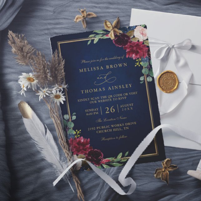 Invitación Burgundy Floral Gold Navy Blue QR Code Wedding (Subido por el creador)