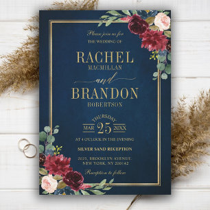 Invitación Burgundy Floral Gold Navy Blue Rustic Wedding