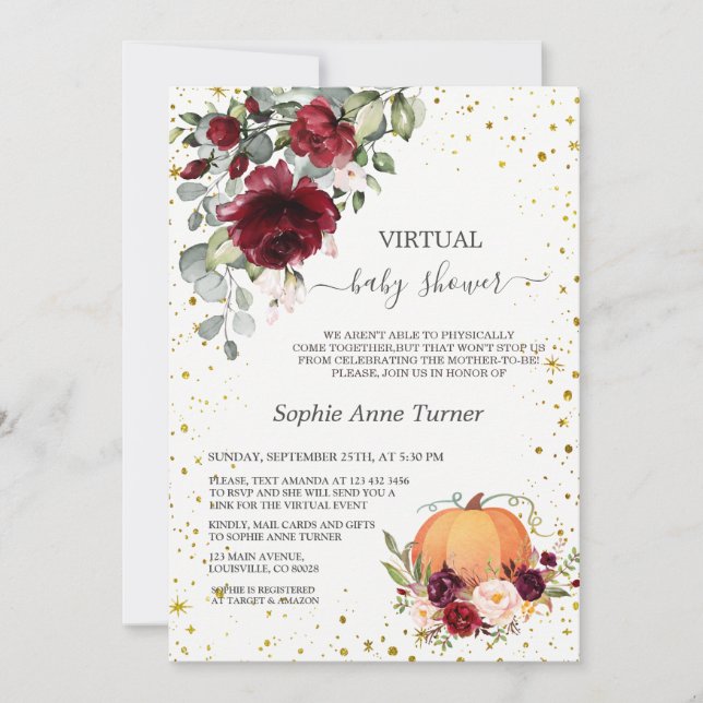 Invitación Burgundy Floral Gold Pumpkin virtual Baby Shower (Anverso)