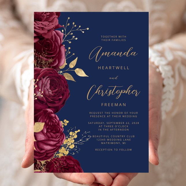 Invitación Burgundy Floral Gold Script Navy Blue Wedding (Subido por el creador)