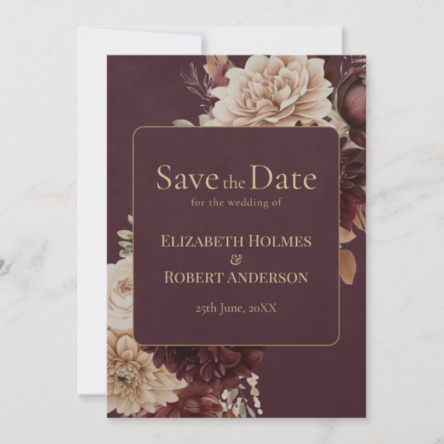 Invitación Burgundy Floral Gothic Save the Date Card (Anverso)
