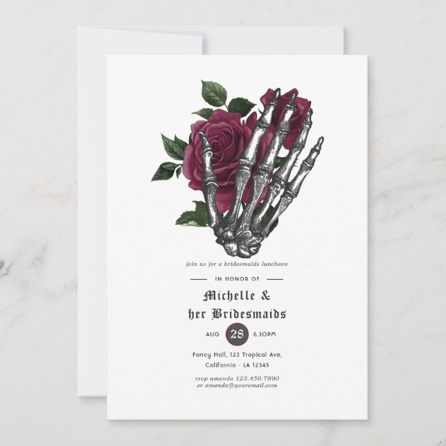 Invitación Burgundy Floral Gothic Skulls Bridesmaids Luncheon (Anverso)