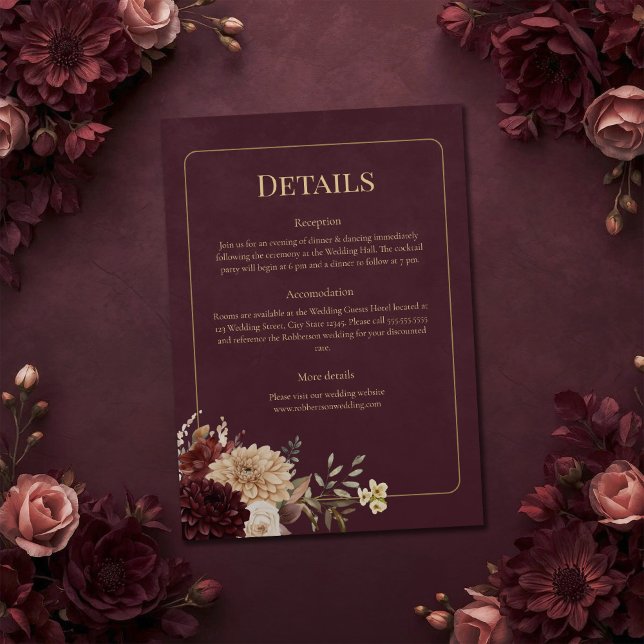 Invitación Burgundy Floral Gothic Wedding Details Card (Burgundy Floral Gothic Wedding Details Card on a burgundy witchy wedding table with flowers)