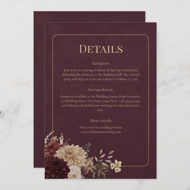 Invitación Burgundy Floral Gothic Wedding Details Card (Anverso / Reverso)