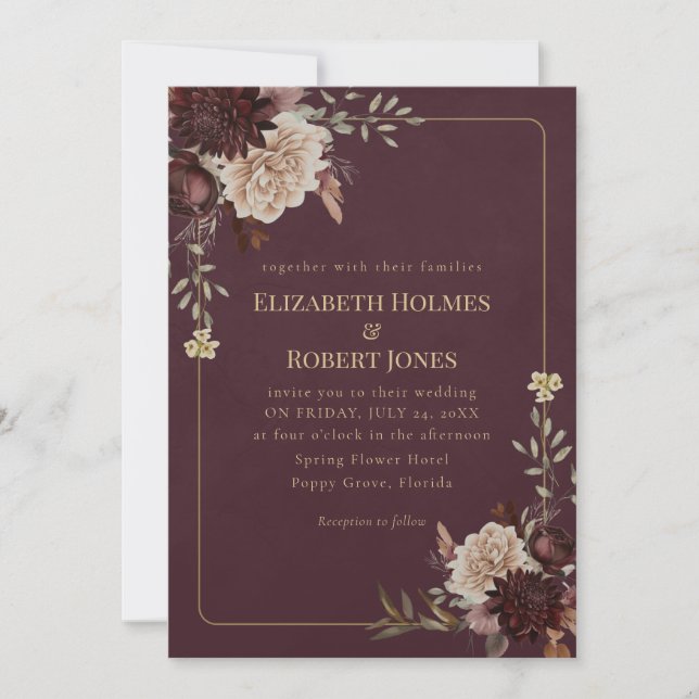 Invitación Burgundy Floral Gothic Wedding Invitation (Anverso)