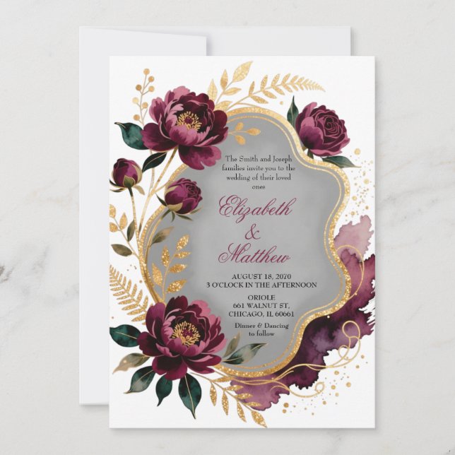 Invitación Burgundy Floral Gray Gold Luxury Wedding (Anverso)
