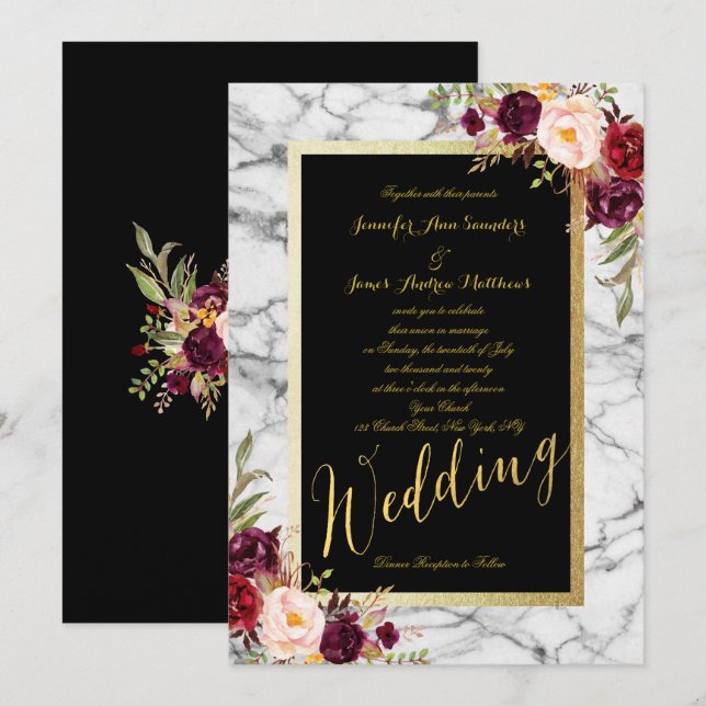 Invitación Burgundy Floral Gray Marble Gold Boda (Anverso / Reverso)