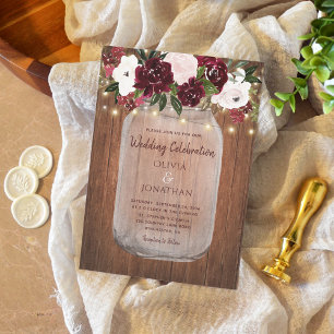 Invitación Burgundy Floral ilumina a un Boda de madera rústic