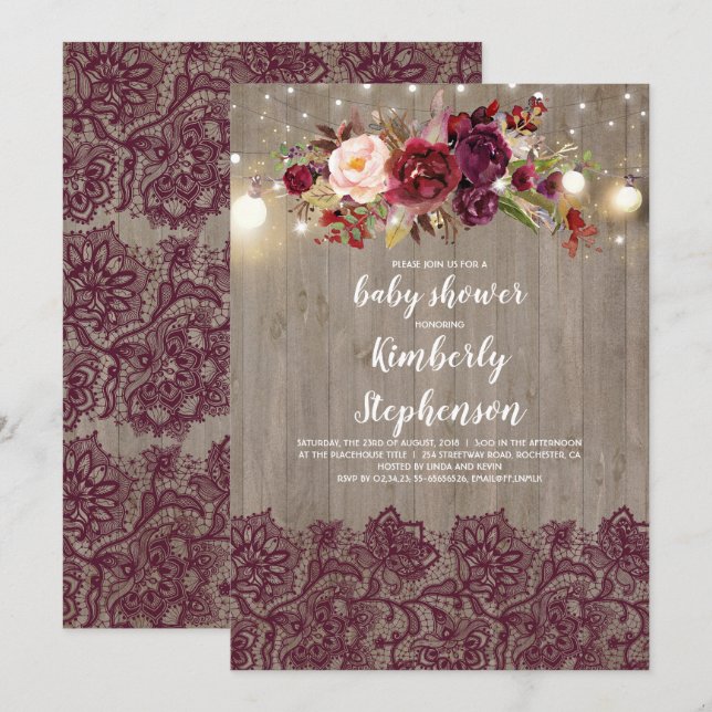 Invitación Burgundy Floral Lace Rustic Baby Shower (Anverso / Reverso)